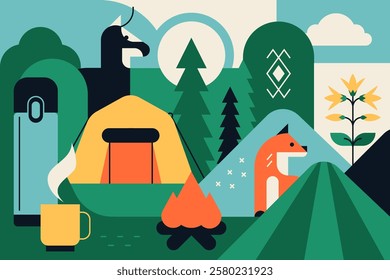 Nature campsite - colorful flat design style illustration