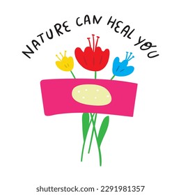 Nature can heal you. Adhesive tape and flowers. Vector illustration on white background.