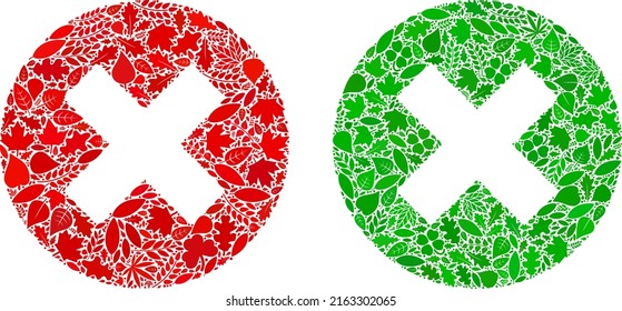 Nature cancel icon composition of herbal leaves in green and natural color variations. Ecological environment vector template for cancel icon. Cancel vector image is formed of green herbal items.