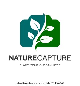 Nature capture vector logo template. This logo with camera and leaf symbol. Suitable for take a picture about nature.