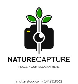 Nature capture vector logo template. This logo with camera and leaf symbol. Suitable for take a picture about nature.