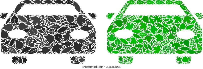 Nature car icon composition of floral leaves in green and natural color tinges. Ecological environment vector concept for car icon. Car vector image is formed of green floral elements.