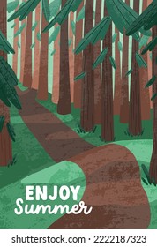 Nature card with path way in summer forest. Pine trunks in calm peaceful silent woods and trail, pathway, road landscape, vertical background. Tranquil idyllic scene. Flat vector illustration