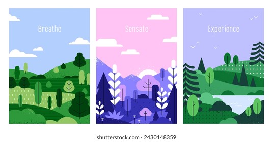 Conjunto de tarjetas de naturaleza. Paisaje de verano, fondos de postal. Afiches de medio ambiente rural, bosque, árboles, hierba, plantas, colinas, montaña, cielo. Ilustraciones de vector plano creativo en estilo moderno