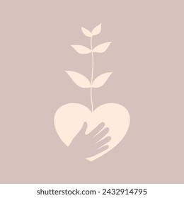 Nature care. Awareness of environmental conservation. Growing plant in hand with love. Leaf with heart symbol.