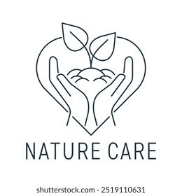 Icono de cuidado de Naturaleza o Plantilla de logotipo - para el programa, estrategia o fundamento. O para la producción de medicamentos herbarios. Planta en manos en línea delgada