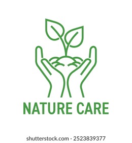 Icono de cuidado de Naturaleza o Plantilla de logotipo - para el programa, estrategia o fundamento. O para la producción de medicamentos herbarios. Planta en manos en línea audaz