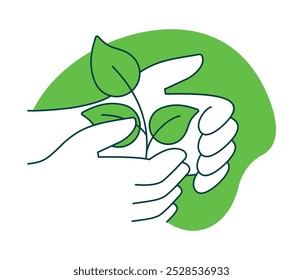 Icono de cuidado de Naturaleza o Plantilla de logotipo - para el programa, estrategia o fundamento. O para la producción de medicamentos herbarios. Planta en manos en línea delgada y fondo verde