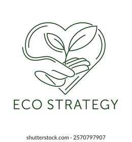 Nature Care icon or logo template - for program, strategy or foundation. Or for herbal medicine production. Plant in hands in thin line, with heart shape