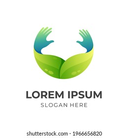 logotipo de cuidado de la naturaleza, hoja y mano, logotipo combinado con estilo de color azul y verde 3d