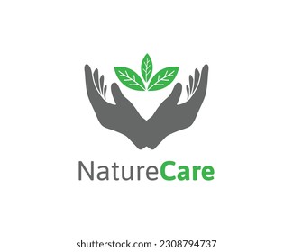Nature care logo with leaf and hand illustration