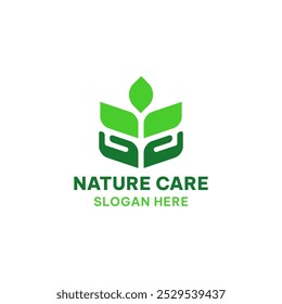 Nature care logo template in simple style. Hand and leaf vector illustration