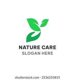 Modelo do logotipo do cuidado da natureza em estilo simples. Ilustração de vetor de mão e folha 