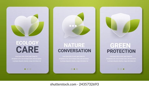 Nature care mobile app menu in glass morphism style. Green protection vertical page set.
