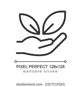 Icono lineal perfecto del píxel de cuidado de la naturaleza. Restauración de la flora silvestre. Cultivo de plantas. Ilustración de línea delgada. Símbolo de contorno. Dibujo del contorno del vector. Trazo editable. Fuente de Poppins utilizada