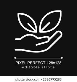 Nature care pixel perfect white linear icon for dark theme. Wild flora. Isolated vector illustration. Thin line illustration. Isolated symbol for night mode. Editable stroke. Poppins font used