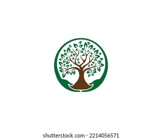 Nature Care Tree with Green leaves Logo Design. Round Shape hands and Tree Vector Illustration.