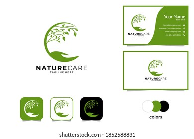nature care with tree and hand logo design and business card