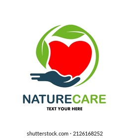 Nature care vector logo template. This design use hand, love or heart and leaf symbol.