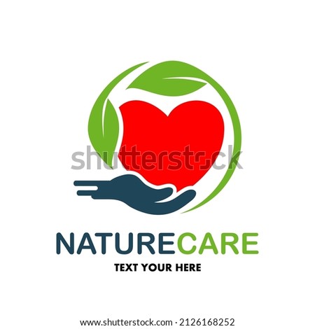 Nature care vector logo template. This design use hand, love or heart and leaf symbol.