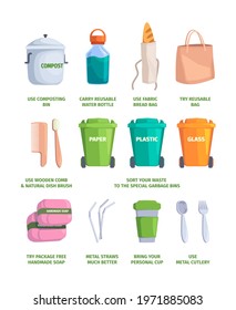 Nature care. Zero waste processes cleaning and recycle plastic garbage eco lifestyle environment pollution garish vector pictures templates