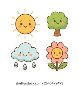 Nature cartoon icon set – sun, cloud, tree, flower, bird, and planet Earth in a cute educational doodle design for kids, perfect for eco-learning and preschool content
