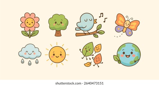 Nature cartoon icon set – sun, cloud, tree, flower, bird, and planet Earth in a cute educational doodle design for kids, perfect for eco-learning and preschool content