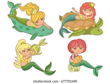 The nature of the cartoon. Set - beautiful little mermaids, whale, turtle, fish, shell. Undersea world. Sea. Fantasy. For children. Sweet colored mermaid.