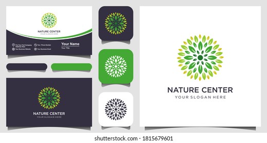 Nature Center Logo With Leaf And Rose Line Art Style Logo And Business Card Design. Logo For Beauty, Cosmetics, Yoga And Spa