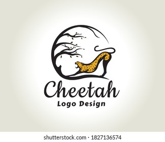 nature cheetah, panther, lion, yellow cat roaring with tree circle shape logo design symbol illustration