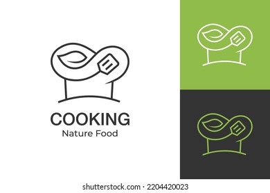 nature chef Cooking logo design line style vector symbol icon design with cap, leaf and spatula design elements for healthy food, vegetables, vegetarian