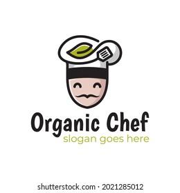 Nature chef cooking organic food with hat, spatula and leaf icon for healthy food logo design