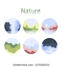Nature in a circle, isolated on a white background. A set of bright cartoon drawings of mountains for print, children's development. Natural colors of nature, flat design