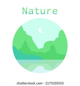 Nature in a circle, isolated on a white background. A set of bright cartoon drawings of mountains for print, children's development. Green shades, flat design