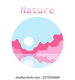 Naturaleza en círculo, aislada en un fondo blanco. Un conjunto de dibujos animados brillantes de las montañas para la impresión, el desarrollo de los niños. Tonos rosas, diseño plano