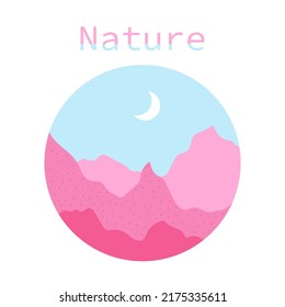 Nature in a circle, isolated on a white background. A set of bright cartoon drawings of mountains for print, children's development. Pink shades, flat design