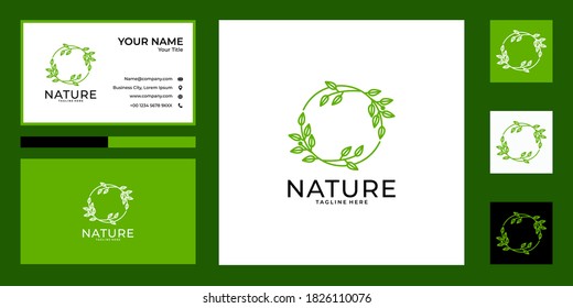 nature circle leaf logo design and business card