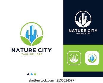 nature city with leaf circle logo design