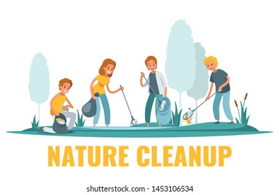 Nature cleanup flat composition with group volunteers picking up litter bottles plastic packaging trash outdoor vector illustration  