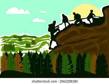 nature climbing team helping each other while climbing a mountain in nature. in autumn nature lovers go out for extreme sports hiking to the mountains together banner poster illustration design