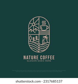 Nature Coffee logo design vector, vintage  Outdoor coffee  logo illustration with outline style, best for  restaurant, cafe, beverages logo brand