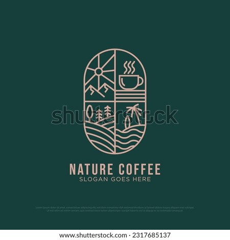 Nature Coffee logo design vector, vintage  Outdoor coffee  logo illustration with outline style, best for  restaurant, cafe, beverages logo brand