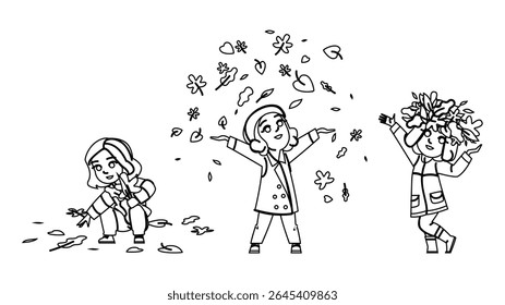 natureza coletando outono folhas vetor. cores de queda, ao ar livre sazonal, natureza vibrante nítida coletando outono folhas personagem. pessoas linha preta desenho desenho ilustração