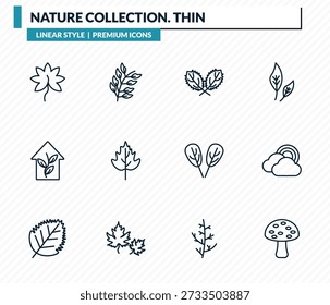 colección de la naturaleza. conjunto de iconos delgados - hoja de liquidambar, hoja de arándano, hoja de fresa, arco iris detrás de una nube, colección de Vector de contorno de amanita.