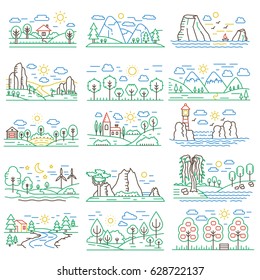 Nature color line landscapes set with mountains, forest fields and river. Vector illustration.