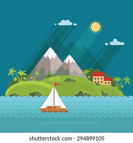 Nature - Color vector flat icon set and illustration summer time: village, mountain, sun, clouds, trees, sea, boat, sail, fishing, walking