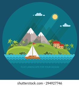 Nature - Color vector flat icon set and illustration summer time: village, mountain, sun, clouds, trees, sea, boat, sail, fishing, walking