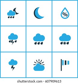 Nature Colored Icons Set. Collection Of Cold Weather, Drizzle, Humidity And Other Elements. Also Includes Symbols Such As Lightning, Drop, Night.
