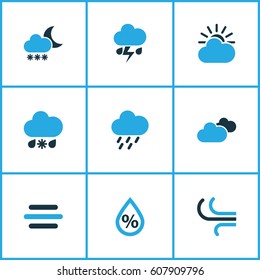 Nature Colored Icons Set. Collection Of Breeze, Blizzard, Overcast And Other Elements. Also Includes Symbols Such As Blizzard, Snowfall, Humidity.