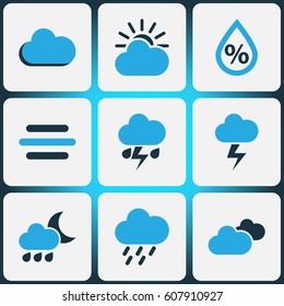 Nature Colored Icons Set. Collection Of Breeze, Cloudy Sky, Humidity And Other Elements. Also Includes Symbols Such As Overcast, Rainfall, Rain.